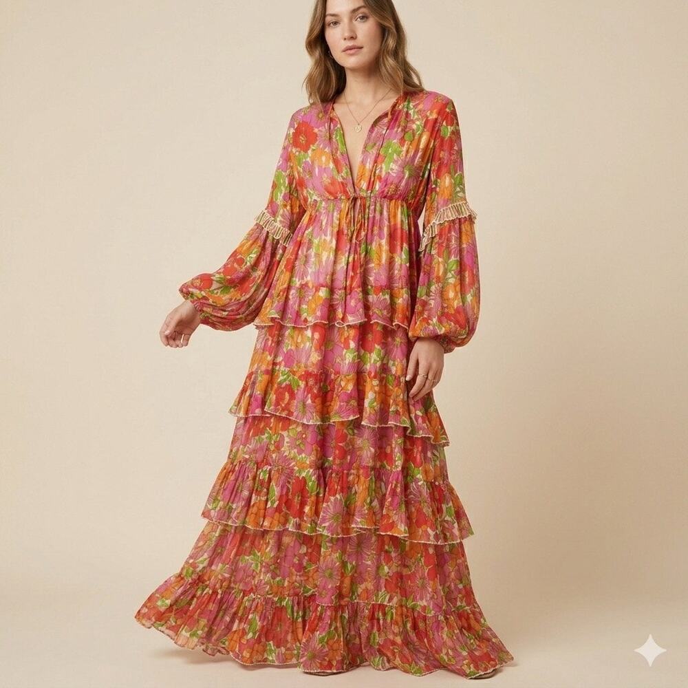 Miss June Paris Floral Maxi Dress Metallic Lurex Tiered Ruffle Boho One Size OS